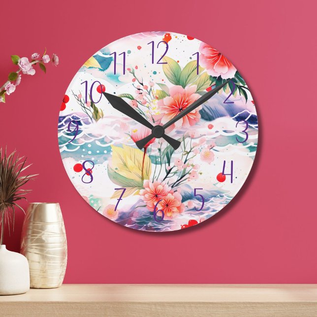 Japanese Floral Colourful Kitchen Flower Round Clock (Creator Uploaded)