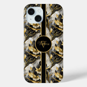 Japanese Floral Elegant Gold & Black Marbleised iPhone 15 Case
