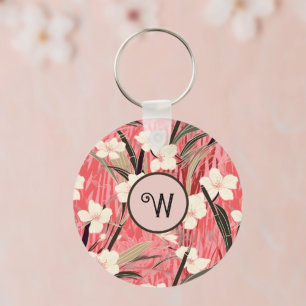 Japanese Floral in Salmon Pink White Red w Initial Key Ring