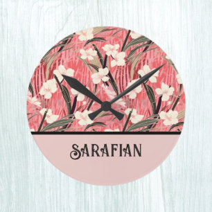 Japanese Floral in Salmon Pink White Red w Initial Round Clock
