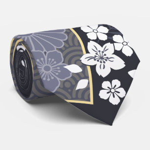 Japanese Floral Kimono Pattern Denim Tie