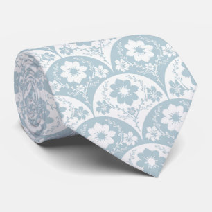 Japanese Floral Pattern in Soft Blue and White Tie