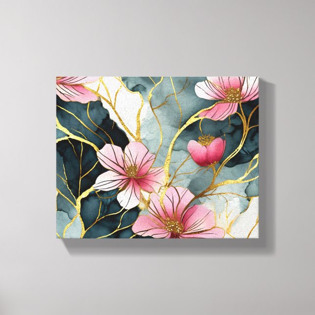 Japanese Floral Pattern, Pink With Gold Canvas Print (Front)
