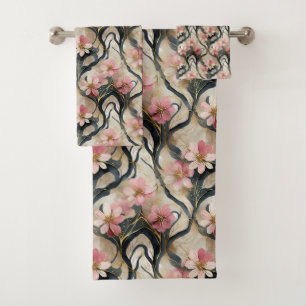Japanese Floral Pink Gold Bath Towel Set