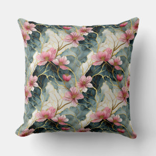 Japanese Floral, Pink With Gold Cushion
