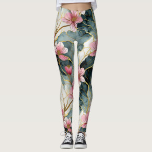 Japanese Floral, Pink With Gold  Leggings