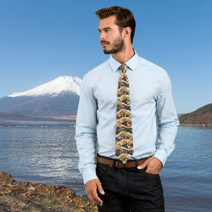Japanese Floral Print in Orange Cream n Dark Teal Tie