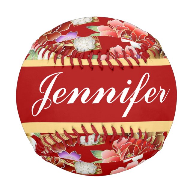 Japanese floral print on red baseball (Front)