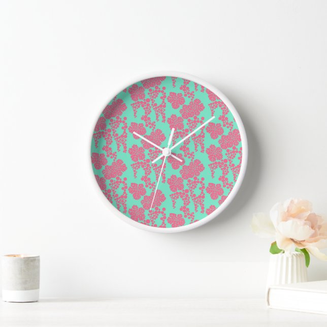 Japanese Floral Print - Pink & Teal Clock (Home)