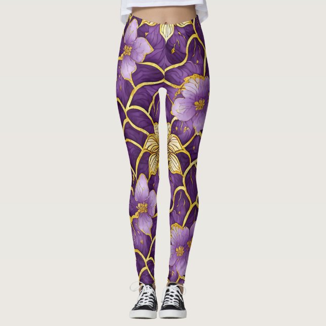 Japanese Floral Purple Gold Leggings (Front)