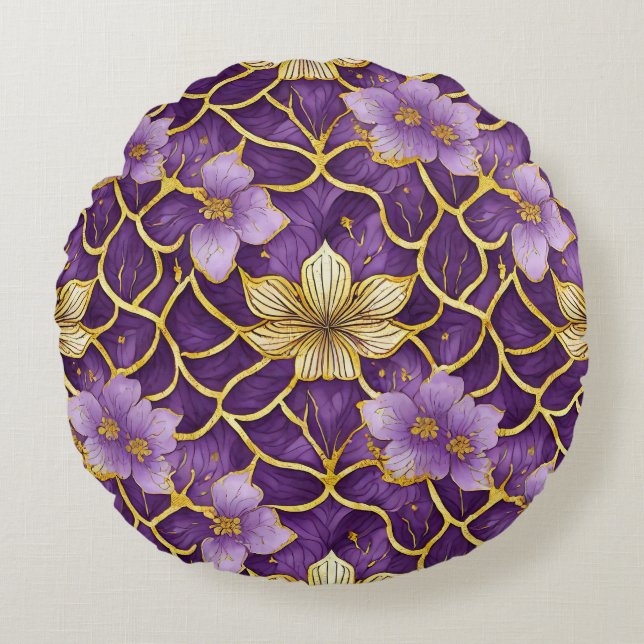 Japanese Floral Purple Gold Round Cushion (Front)