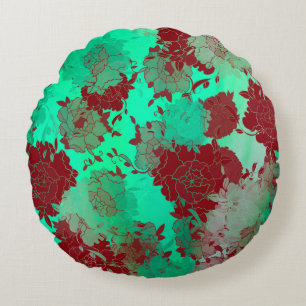 Japanese floral red patterns. round cushion