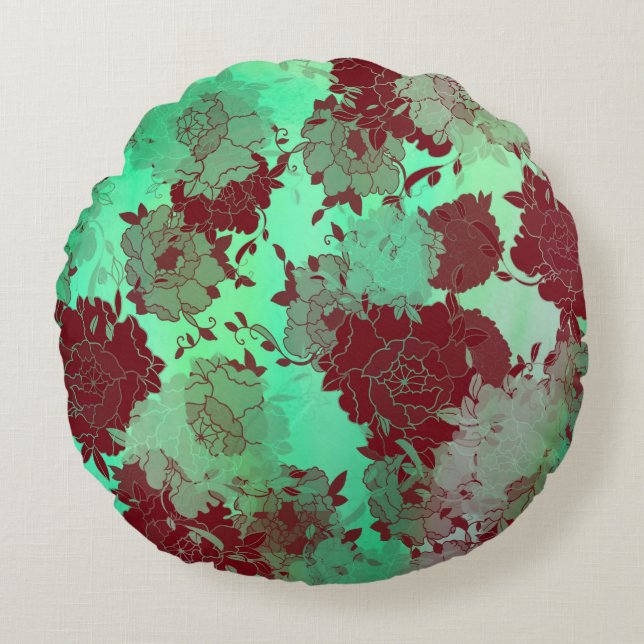 Japanese floral red patterns. round cushion (Front)