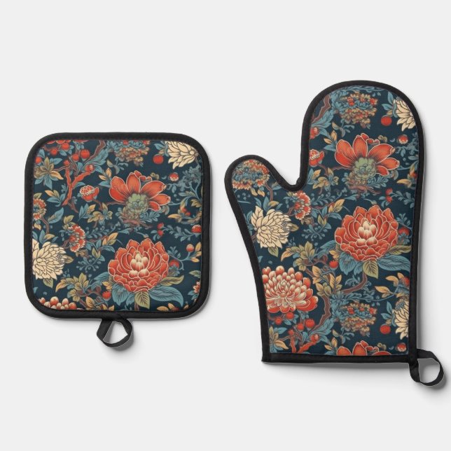 Japanese Floral Series Oven Mitt & Pot Holder Set (Front)