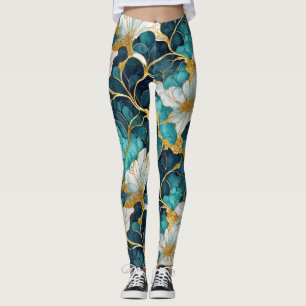 Japanese Floral Teal Blue Gold Leggings