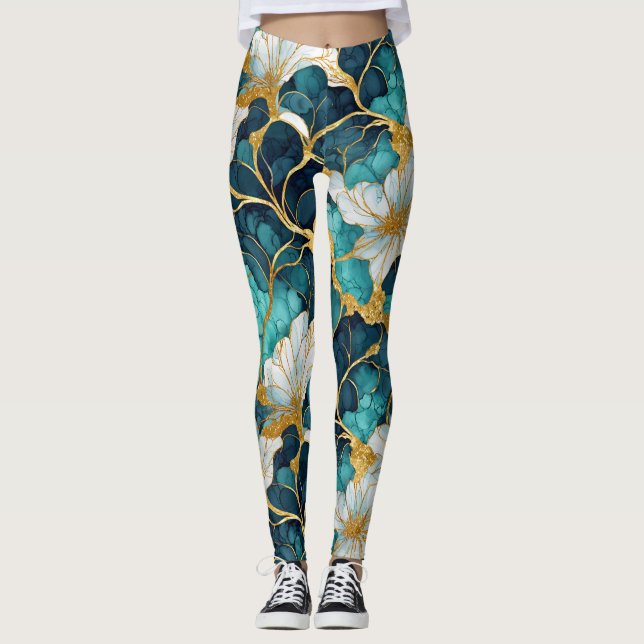 Japanese Floral Teal Blue Gold Leggings (Front)
