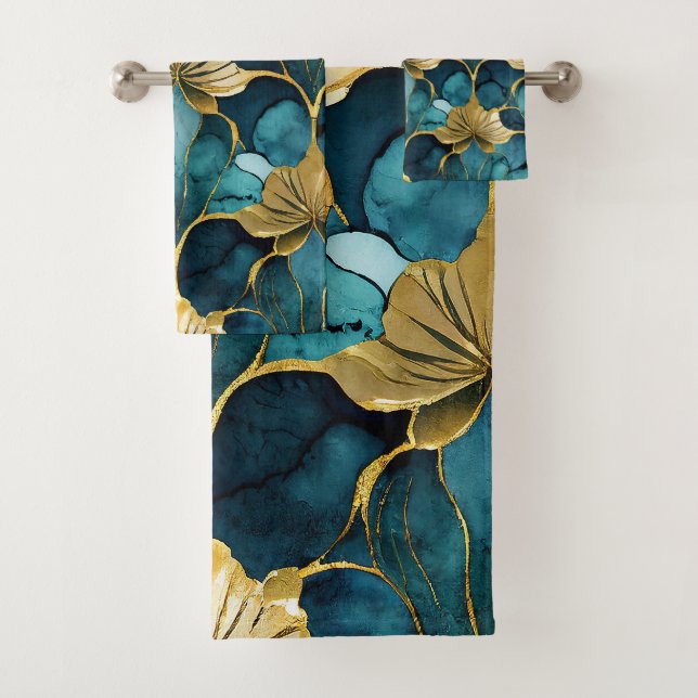 Japanese Floral Teal Gold  Bath Towel Set (Insitu)