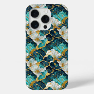 Japanese Floral Teal Gold iPhone 15 Pro Case
