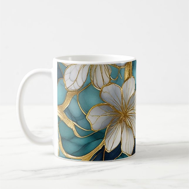 Japanese Floral Teal Gold Coffee Mug (Left)
