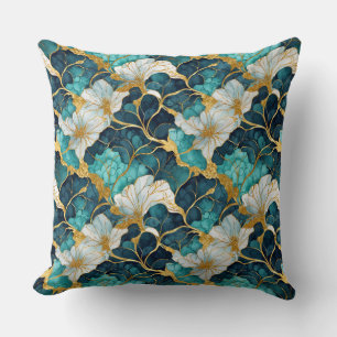 Japanese Floral Teal Gold Cushion