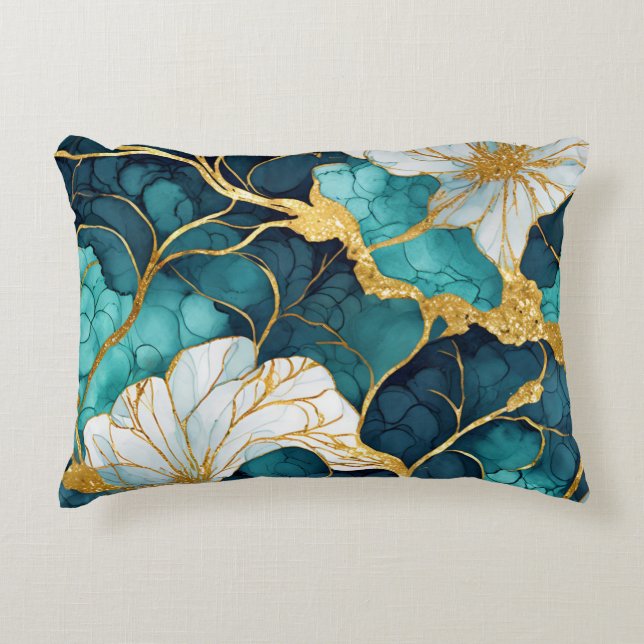 Japanese Floral Teal Gold Decorative Cushion (Front)