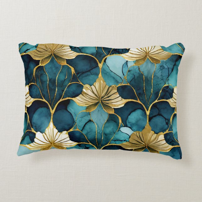 Japanese Floral Teal Gold  Decorative Cushion (Back)