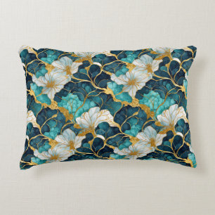 Japanese Floral Teal Gold Decorative Cushion