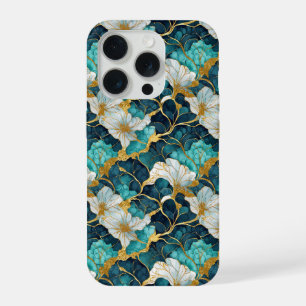 Japanese Floral Teal Gold iPhone 15 Pro Case