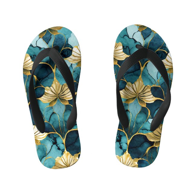 Japanese Floral Teal Gold  Kid's Flip Flops (Footbed)