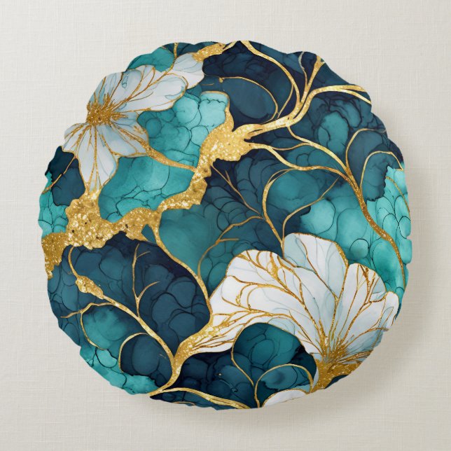 Japanese Floral Teal Gold Round Cushion (Front)