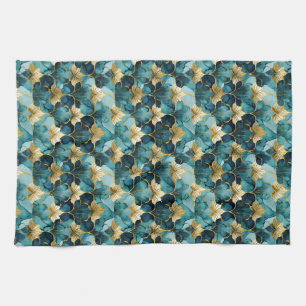 Japanese Floral Teal Gold  Tea Towel
