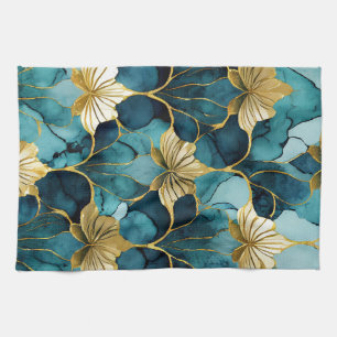 Japanese Floral Teal Gold  Tea Towel