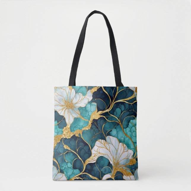 Japanese Floral Teal Gold Tote Bag (Front)