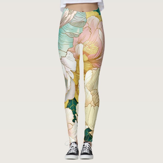 Japanese Floral Turquoise Gold Leggings (Front)