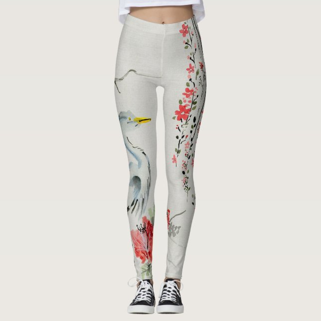 Japanese Floral Vines & Crane Designs Leggings (Front)