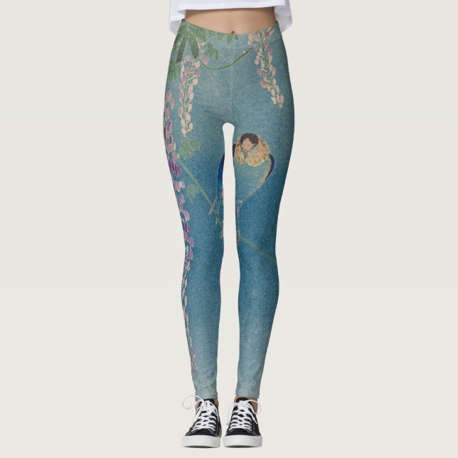 JAPANESE FLOWER AND BIRD ON BLUE Leggings (Front)