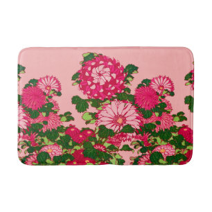 Japanese Flower Border, Fuchsia and Coral Pink Bath Mat
