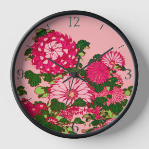 Japanese Flower Border, Fuchsia and Coral Pink Clock