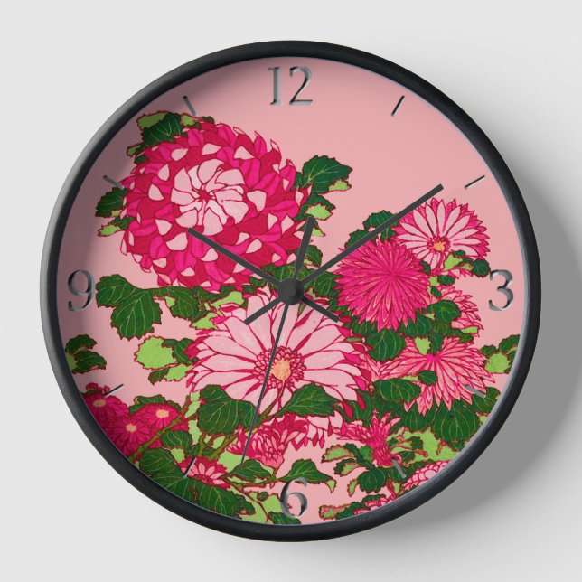 Japanese Flower Border, Fuchsia and Coral Pink Clock (Front)