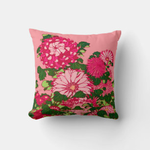 Japanese Flower Border, Fuchsia and Coral Pink Cushion