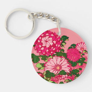 Japanese Flower Border, Fuchsia and Coral Pink Key Ring