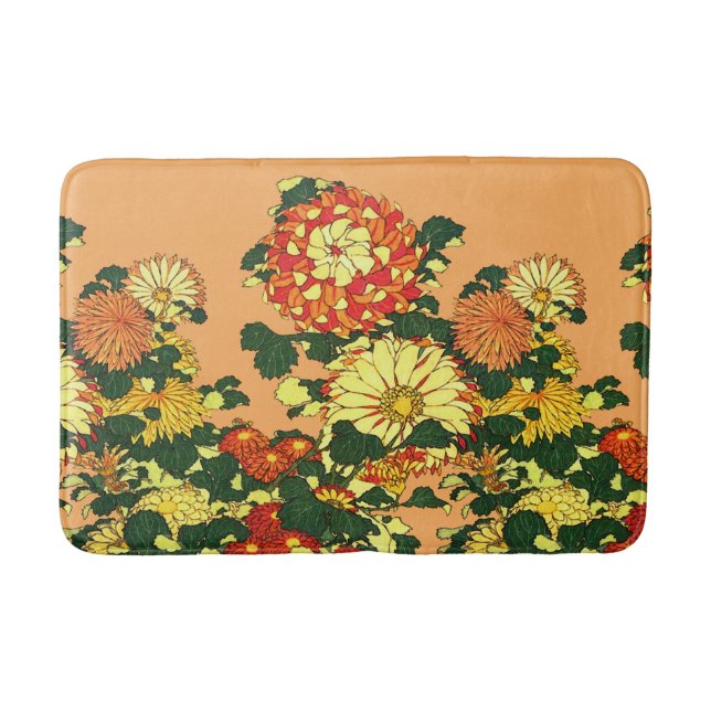 Japanese Flower Border, Mandarin Orange and Gold Bath Mat (Front)