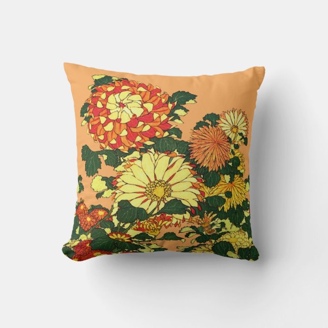 Japanese Flower Border, Mandarin Orange and Gold Cushion (Front)