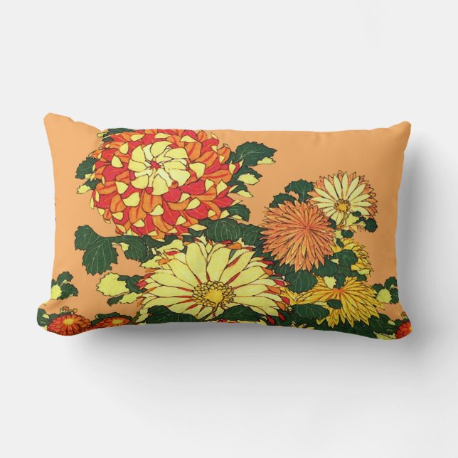 Japanese Flower Border, Mandarin Orange and Gold Lumbar Cushion (Front)
