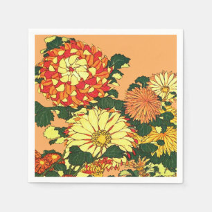 Japanese Flower Border, Mandarin Orange and Gold Napkin