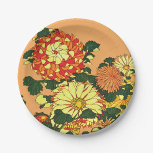 Japanese Flower Border, Mandarin Orange and Gold Paper Plate