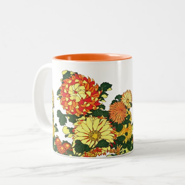 Japanese Flower Border, Mandarin Orange and Gold Two-Tone Coffee Mug (Front Left)