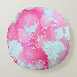 Japanese flowers blue patterns round cushion