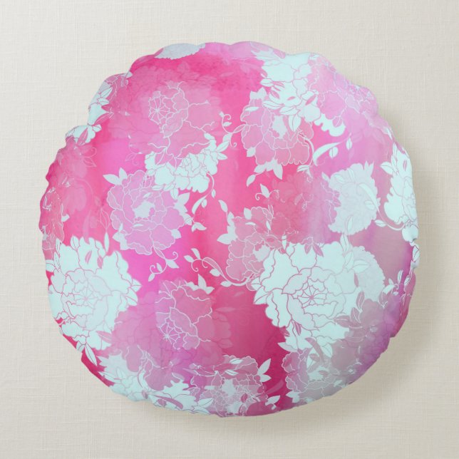 Japanese flowers blue patterns round cushion (Front)