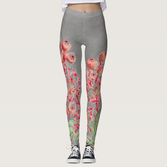 JAPANESE FLOWERS IN PINK AND GREY Leggings (Front)